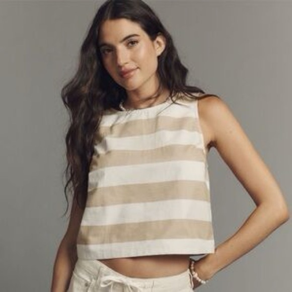 Anthropologie Tops - NWT Maeve Size XL Icon Crop Cotton Tank Top Semolina Stripe